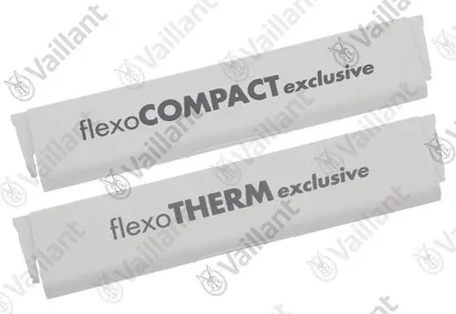 Vaillant-Beschriftungen für Heizsysteme, mit den Aufschriften "flexoCOMPACT exclusive" und "flexoTHERM exclusive" in einfacher Schrift auf weißen Trägern.